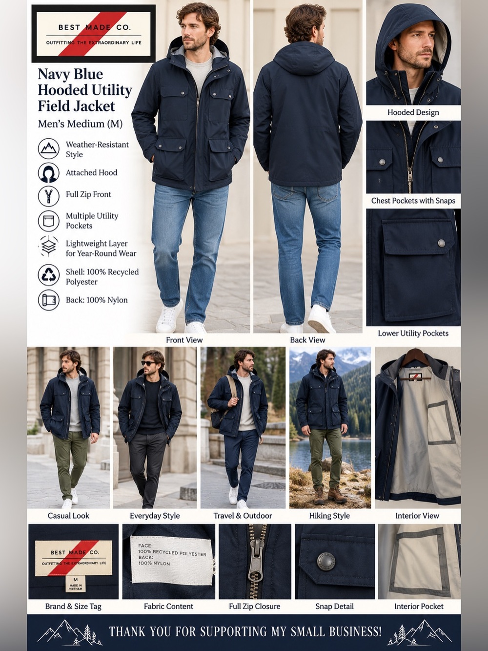 Best Made Co. Navy Blue Hooded Utility Field Jacket Men’s Medium M
